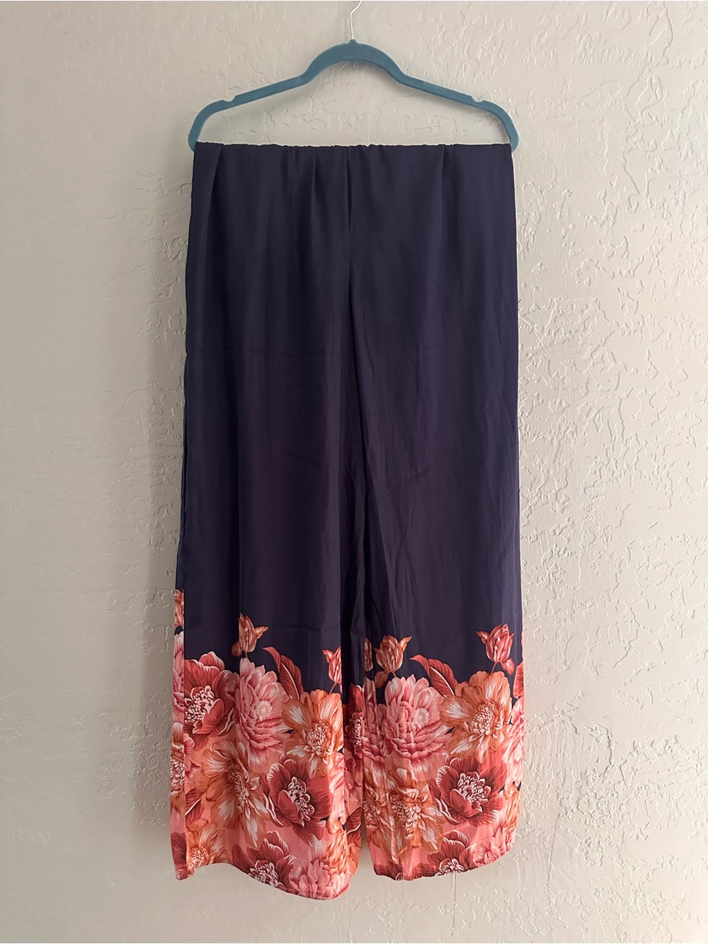 Elie Tahari Navy Wide-Leg Pants with Coral Floral Hem